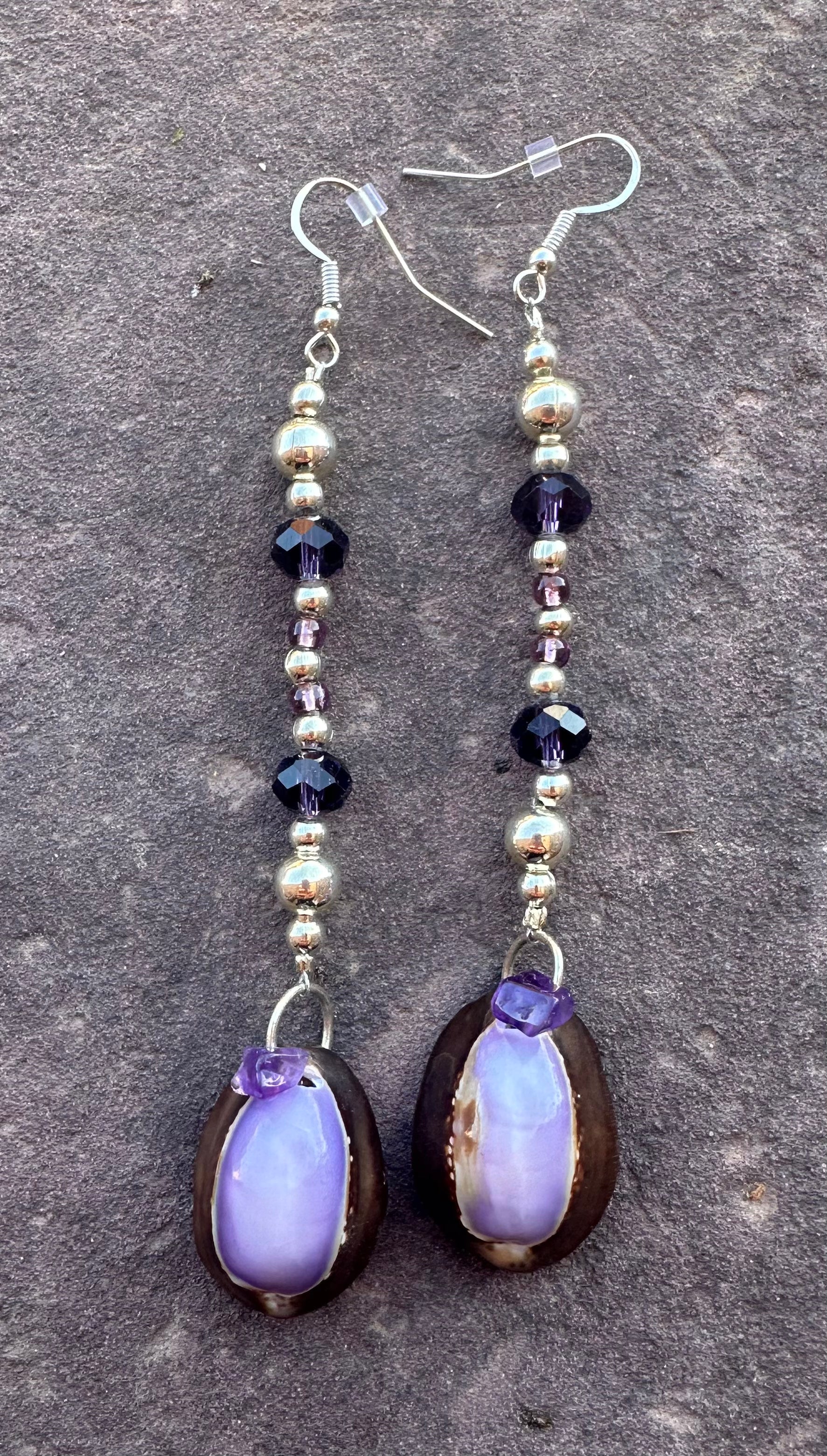 Purple Amethyst & Cowry Dangles